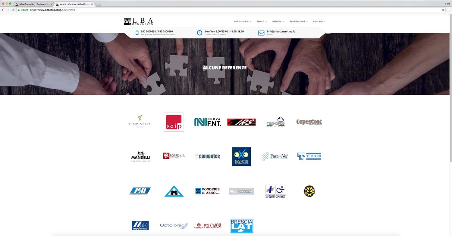 Pagina delle referenze con i loghi dei principali clienti di Alba Consulting