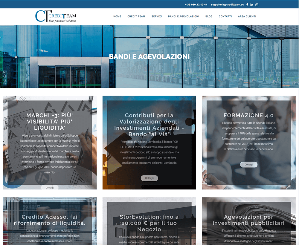 Pagina Bandi e Agevolazione sito internet Credit Team