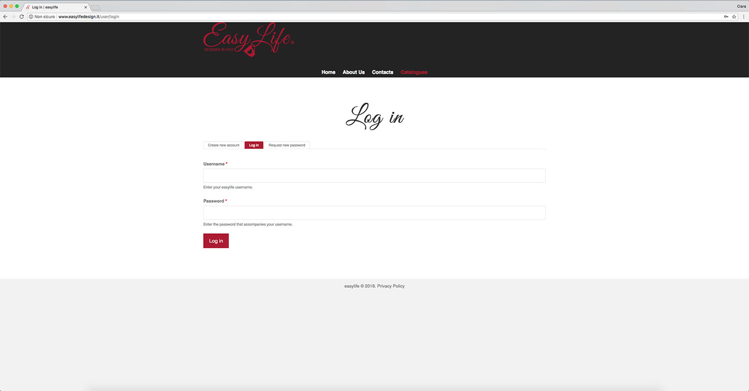 Pagina di login nell'area riservata con i cataloghi Easy Life Design