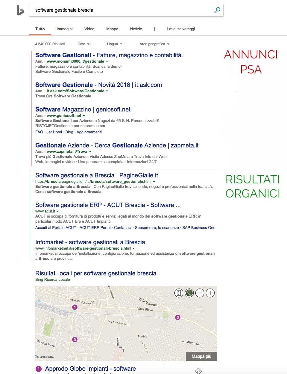 SERP di Google, con gli annunci adwords in alto e i risultati organici in basso